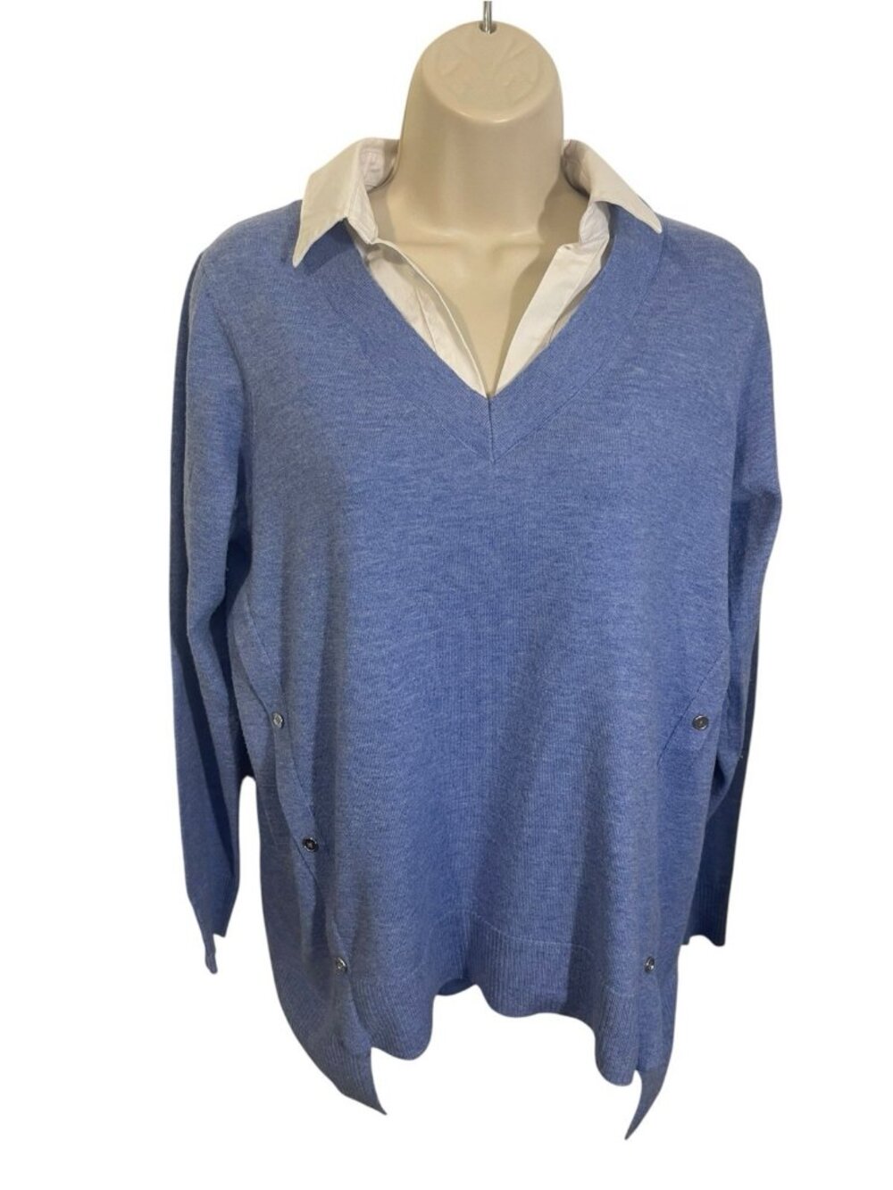 DENIM & COMPANY Women's Blue Collared 2-fer V-Neck Layered Look Sweater